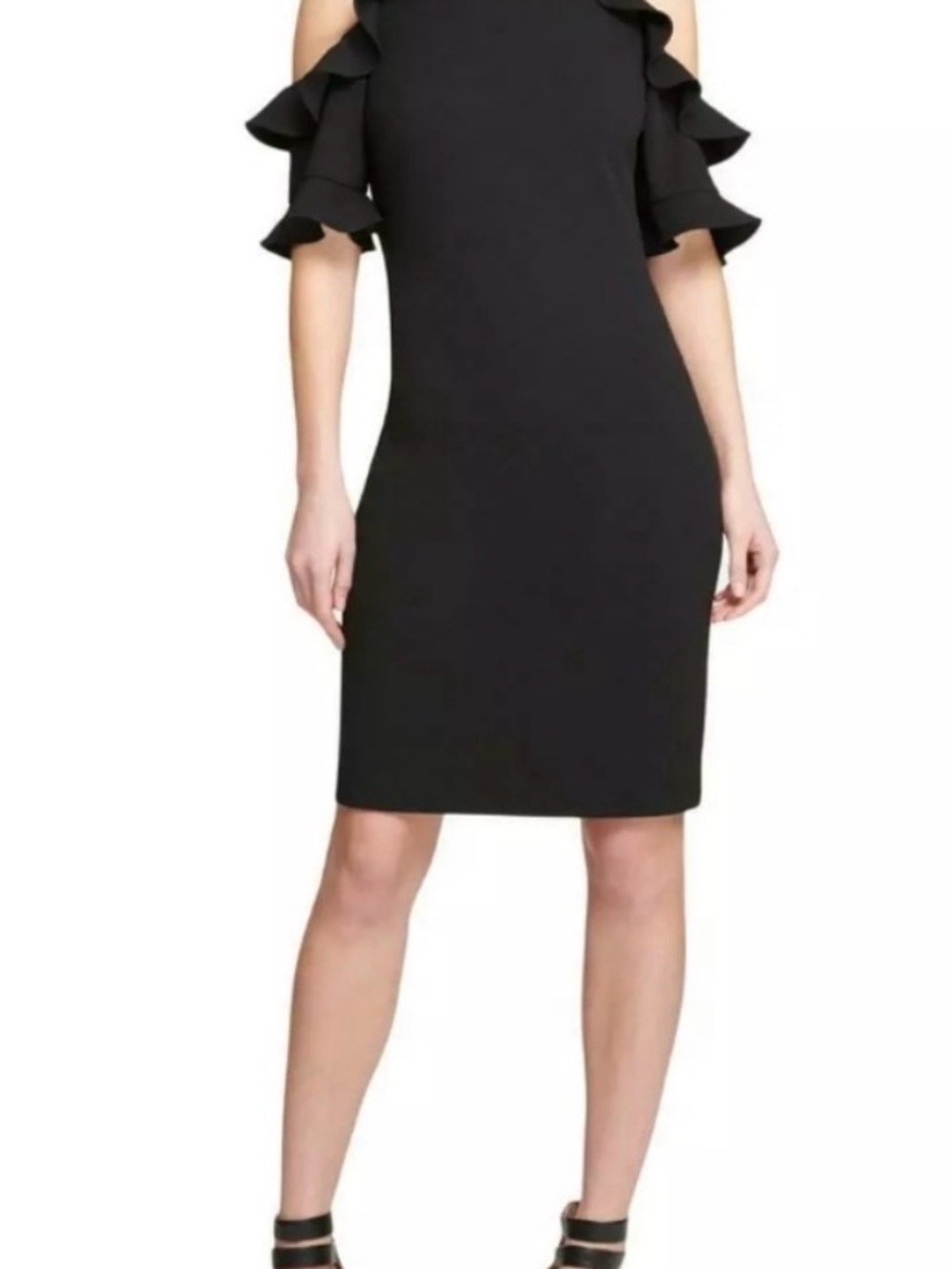 DKNY Black Cold-Shoulder Ruffle Midi Dress